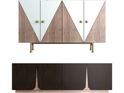 Modern TV Stand With Geometric Design Light Wood White Panels Gold Handles And Legs 3d model