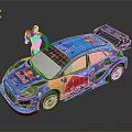 Blue Ford Racing Car With Red Bull Logo And Sponsor Stickers Beside Figure