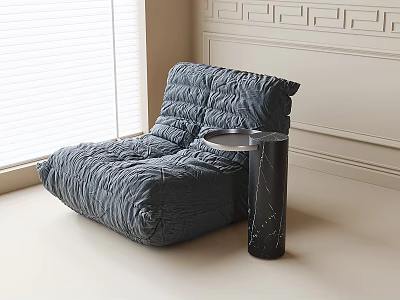 Gray Pleated Lazy Sofa And Black Marble Side Table In Light Room With White Blinds 3d model