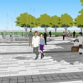 Geometric Stone Plaza Paving With Trees Fountains Benches People Walking And Resting