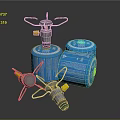 Blue Cylinders With Metal Valve Components And Instruction Labels Displayed 3d model