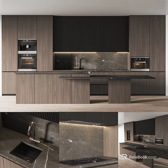 Modern Kitchen With Wooden Cabinets Black Stone Countertop Island Built-in Ovens And Sink 3d model 