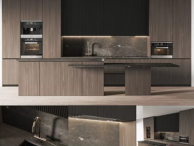 Modern Kitchen With Wooden Cabinets Black Stone Countertop Island Built-in Ovens And Sink 3d model