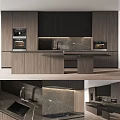 Modern Kitchen With Wooden Cabinets Black Stone Countertop Island Built-in Ovens And Sink