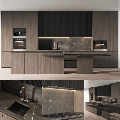 Modern Kitchen With Wooden Cabinets Black Stone Countertop Island Built-in Ovens And Sink 3d model