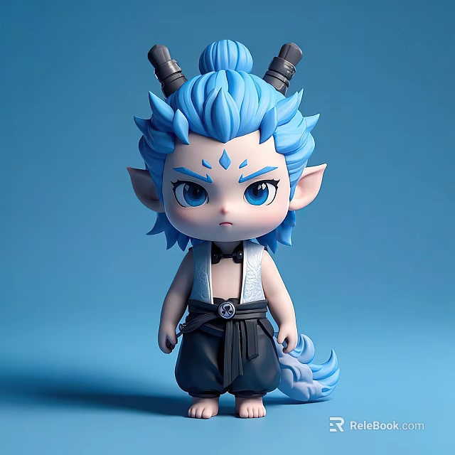 Game Movie Character With Blue Hair Horns Pointed Ears Blue Eyes Black Pants And Tail 3d model 