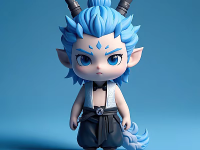 Game Movie Character With Blue Hair Horns Pointed Ears Blue Eyes Black Pants And Tail 3d model