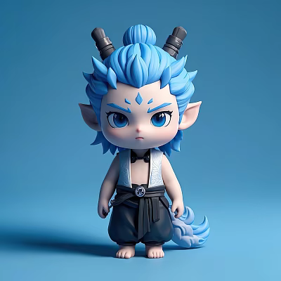 Game Movie Character With Blue Hair Horns Pointed Ears Blue Eyes Black Pants And Tail 3d model