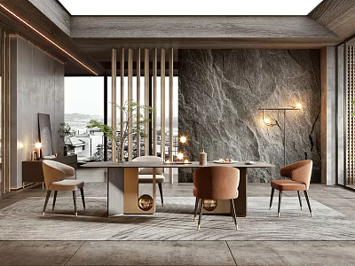 Modern Restaurant Interior Design With Marble Wall Dining Table Chairs Plants And Pendant Lights 3d model