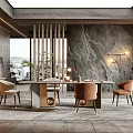 Modern Restaurant Interior Design With Marble Wall Dining Table Chairs Plants And Pendant Lights