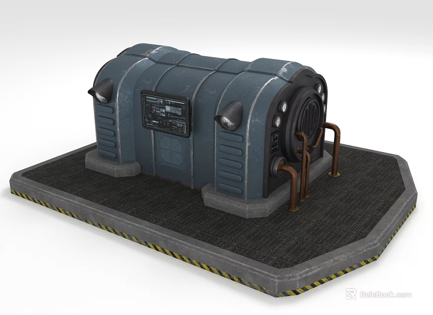 Industrial Mechanical Equipment With Control Panel And Copper Pipes On Warning Striped Platform 3d model