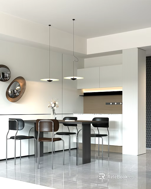 Modern Living and Dining Room Interior With Pendant Lights And Dining Table Chairs 3d model 