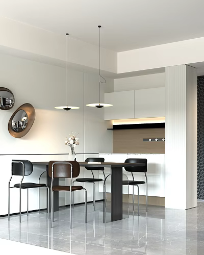 Modern Living and Dining Room Interior With Pendant Lights And Dining Table Chairs 3d model