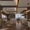 Modern Restaurant Interior With Neat Tables Chairs Hanging Lights Large Windows And City View