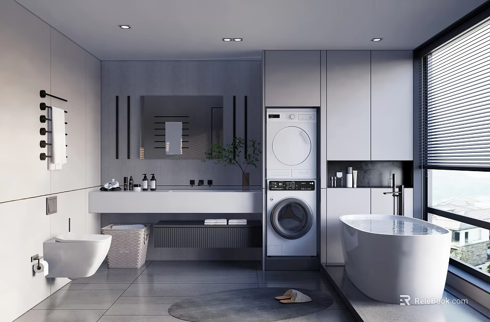 Modern Bathroom Interior With Freestanding Bathtub Washing Machine Vanity Mirror Cabinets And Tiled Floor 3d model 