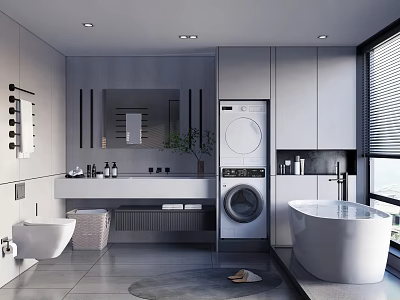 Modern Bathroom Interior With Freestanding Bathtub Washing Machine Vanity Mirror Cabinets And Tiled Floor 3d model