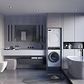 Modern Bathroom Interior With Freestanding Bathtub Washing Machine Vanity Mirror Cabinets And Tiled Floor
