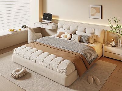 Cozy Modern Bedroom Interior With Soft Bed Pillows Desk Framed Art And Window Blinds 3d model