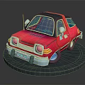 Red Cartoon Car Model On Black Circular Base With White Headlights And Shiny Surface