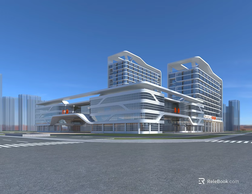 Modern Hospital Building Design With Glass Facade And Twin High Rise Towers 3d model 