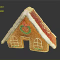 Festive Gingerbread House with White Frosting Roof Green Wreath Red Bow and Decorative Windows