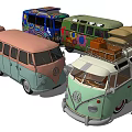 Vintage Utility Vans With Colorful Retro Designs And Decorative Patterns