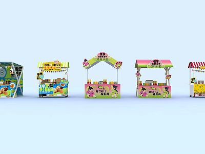 Colorful Street Food Kiosks With Vibrant Designs And Canopy Covers 3d model