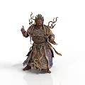 Mythical Horned Character In Ornamental Robe With Twisted Branches Standing Pose
