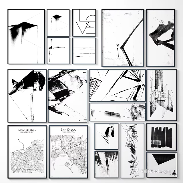 Black and White Abstract Paintings With Diverse Geometric Patterns On Wall 3d model 