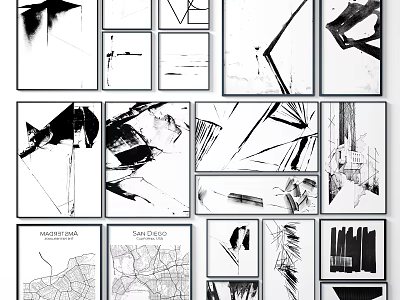 Black and White Abstract Paintings With Diverse Geometric Patterns On Wall 3d model