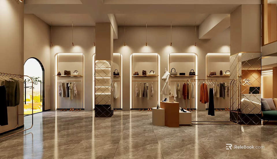 Modern Clothing Store Interior With Clothes Racks Display Shelves Warm Lighting And Marble Floor 3d model 
