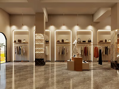 Modern Clothing Store Interior With Clothes Racks Display Shelves Warm Lighting And Marble Floor 3d model