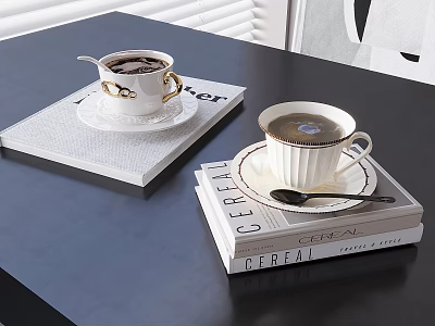 Hot Coffee In Elegant Cups On Saucers With CERAI Books On Black Table And Spoons 3d model
