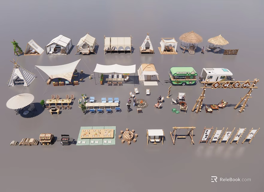 Complete Camping Site With Tents RVs Canopies Tables Chairs Barbecue And Signboards 3d model 