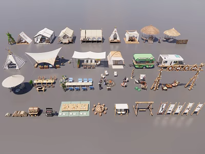 Complete Camping Site With Tents RVs Canopies Tables Chairs Barbecue And Signboards 3d model