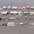 Complete Camping Site With Tents RVs Canopies Tables Chairs Barbecue And Signboards