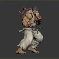 Muscular Fighting Character In White Martial Arts Uniform With Red Headband And Dynamic Combat Stance