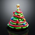 Green Layered Christmas Tree Decorated With Red Ribbons Colorful Balls And Golden Star