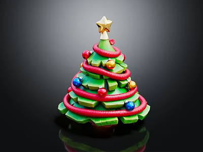 Green Layered Christmas Tree Decorated With Red Ribbons Colorful Balls And Golden Star 3d model
