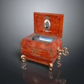 Vintage Wooden Music Box With Open Lid and Interior Mirror Ornate Carvings And Golden Feet