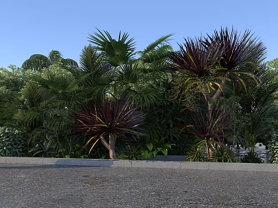Tropical Garden Scene With Lush Palm Trees And Purple Leaf Plants Under Clear Blue Sky 3d model