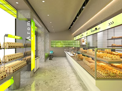 Modern Bakery Interior With Glass Display Cases Fresh Bread And Pastries 3d model