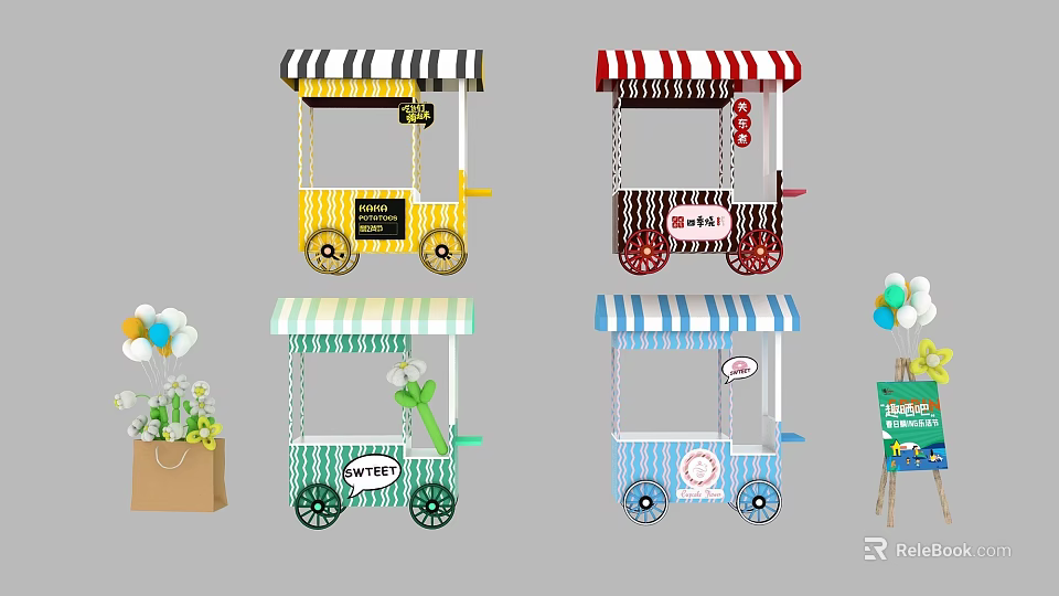 Colorful Street Food Vending Carts With Striped Canopies And Decorative Signs 3d model 