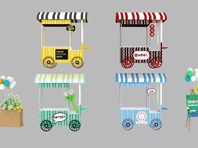 Colorful Street Food Vending Carts With Striped Canopies And Decorative Signs 3d model