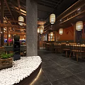 Traditional Asian Restaurant Interior With Large Buddha Statue Wooden Tables And Hanging Lanterns