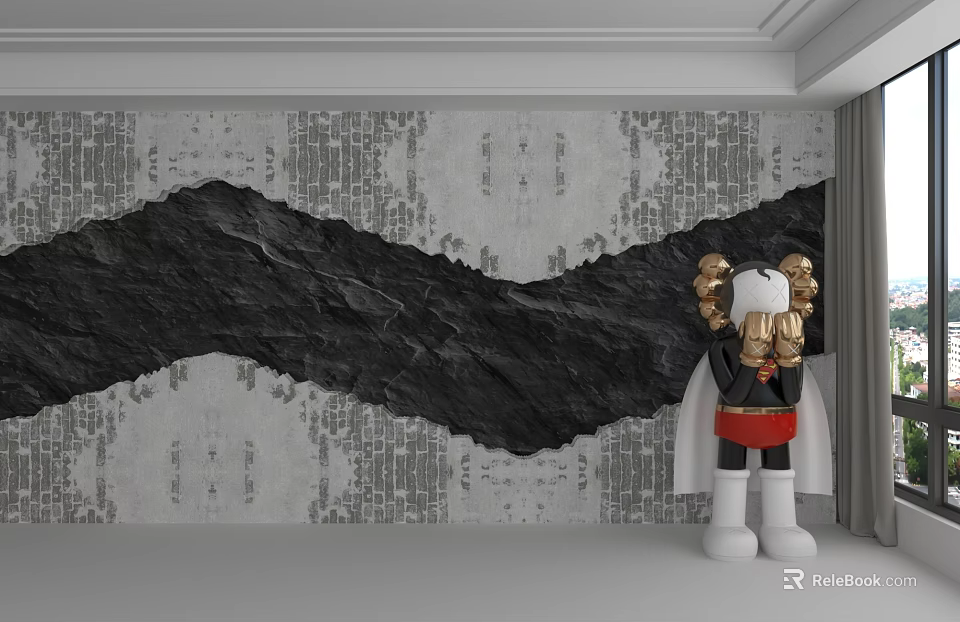 Textured Background Wall With Gray Black Wavy Design And Cartoon Character Figure 3d model 