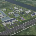 Aerial View Planning of Modern Industrial Park With Buildings Roads River and Green Spaces