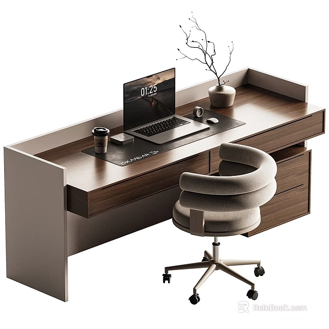 Modern Walnut Desk with Laptop Coffee Cup Mouse Vase and Gray Office Chair 3d model 