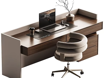 Modern Walnut Desk with Laptop Coffee Cup Mouse Vase and Gray Office Chair 3d model