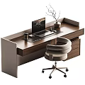 Modern Walnut Desk with Laptop Coffee Cup Mouse Vase and Gray Office Chair